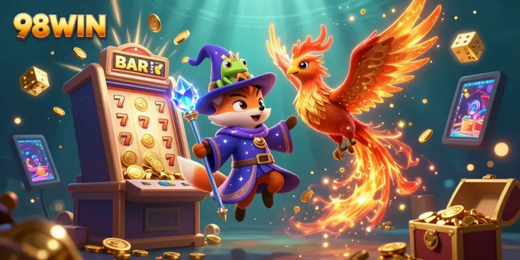 Experience 98WIN in a vibrant casino scene featuring magical elements and dynamic slot machines.