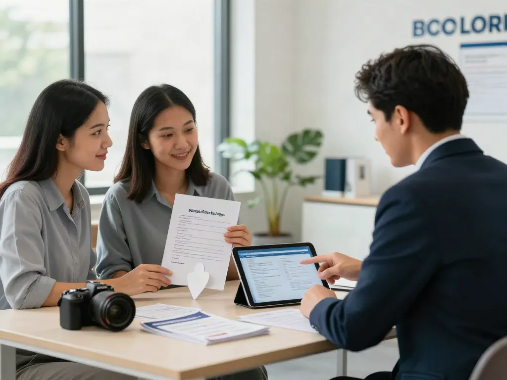 Payday loan consultation at https://red-deer.paydayloans-on.ca/ with a friendly loan officer and young couple in a modern office.