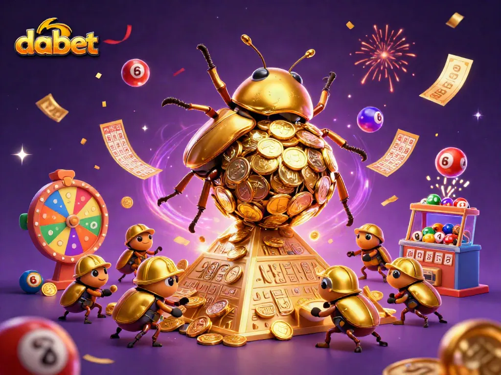 Dabet offers a thrilling experience with vibrant colors and dynamic gaming elements, showcasing a vibrant lottery scene.