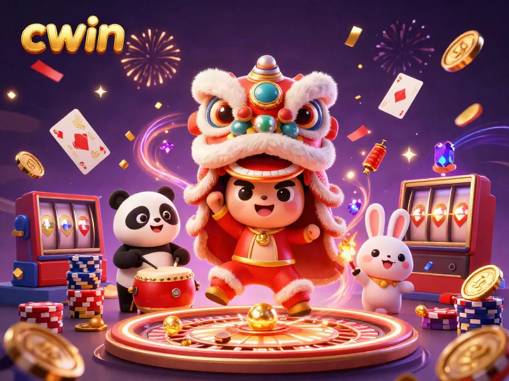 Experience the thrill of cwin with a lively casino scene featuring a lion dance, coins, and playing cards.