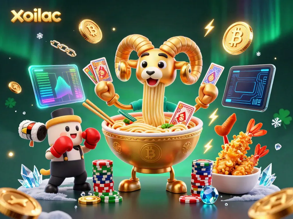 Xoilac's vibrant 3D cartoon scene showcases a golden ramen bowl character dealing cards, surrounded by crypto coins, embodying an engaging gambling atmosphere.