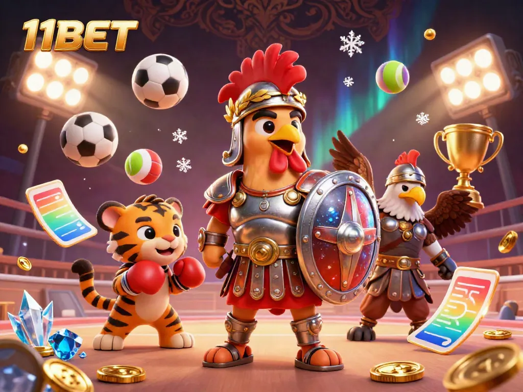 Experience thrilling sports action at 11BET with a dynamic scene featuring a gladiator rooster and playful tiger cub.