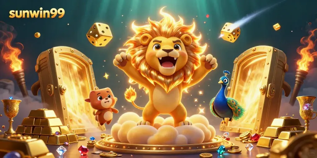 Win big at sunwin99 with vibrant golden casino elements and a roaring lion mascot.