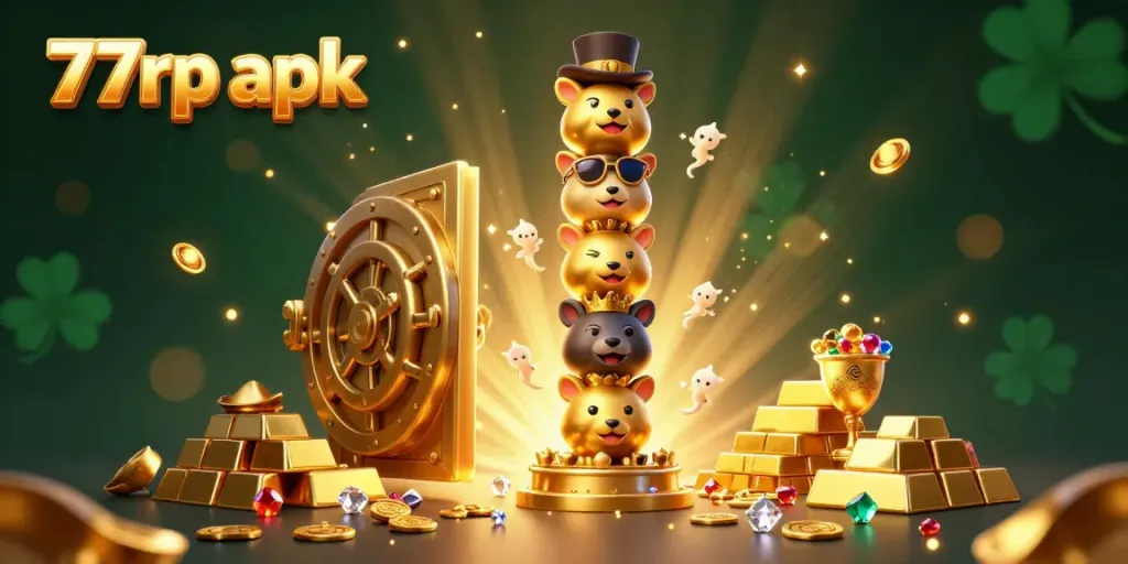 Vibrant scene showcasing 77rp apk gameplay featuring a golden totem pole and treasure vault elements.