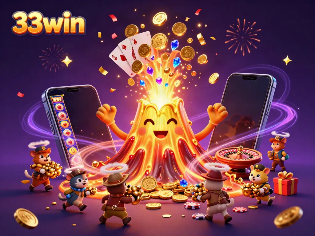 Join the excitement at 33win, where treasures erupt from a golden volcano in a thrilling casino scene.