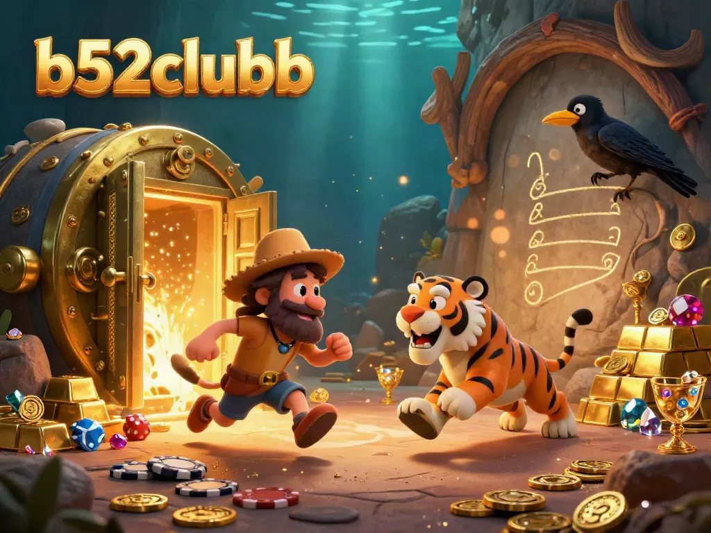 Engage with b52clubb's vibrant scene showcasing a prehistoric casino with rich treasures and playful characters.