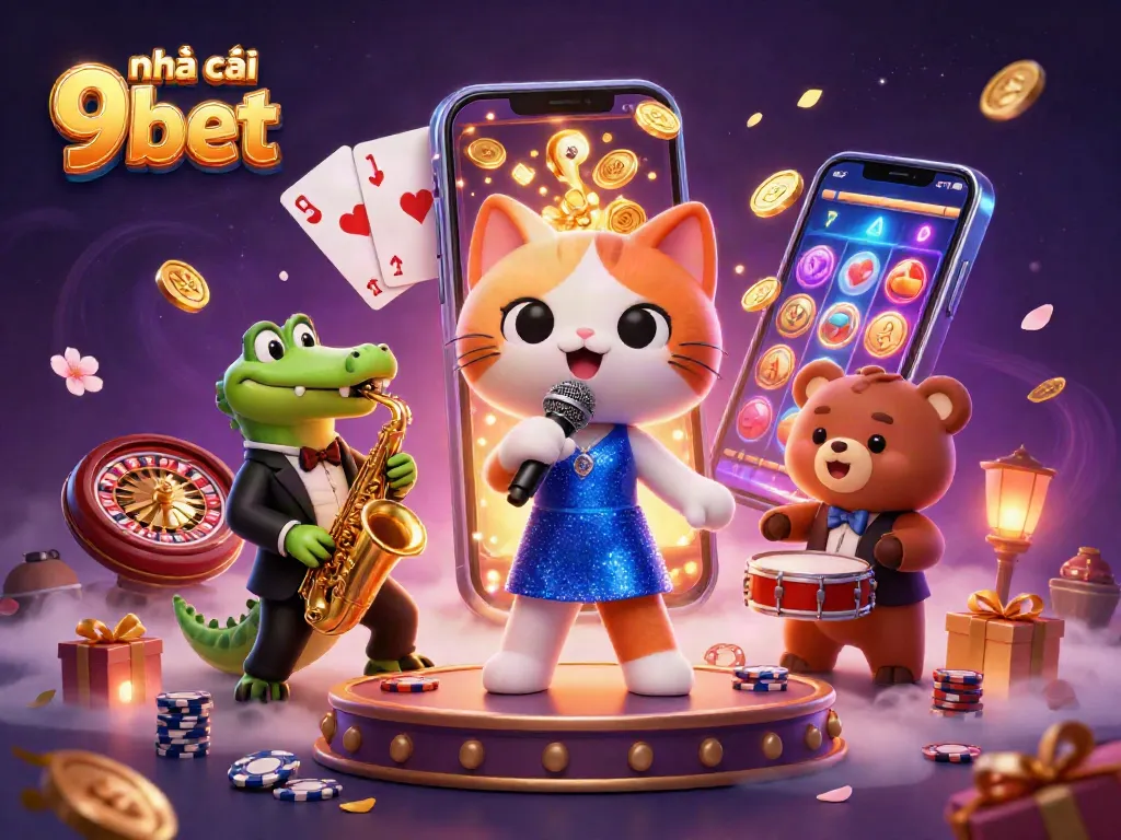 Engage with nhà cái 9bet's vibrant 3D casino scene featuring lively characters and exciting game elements.