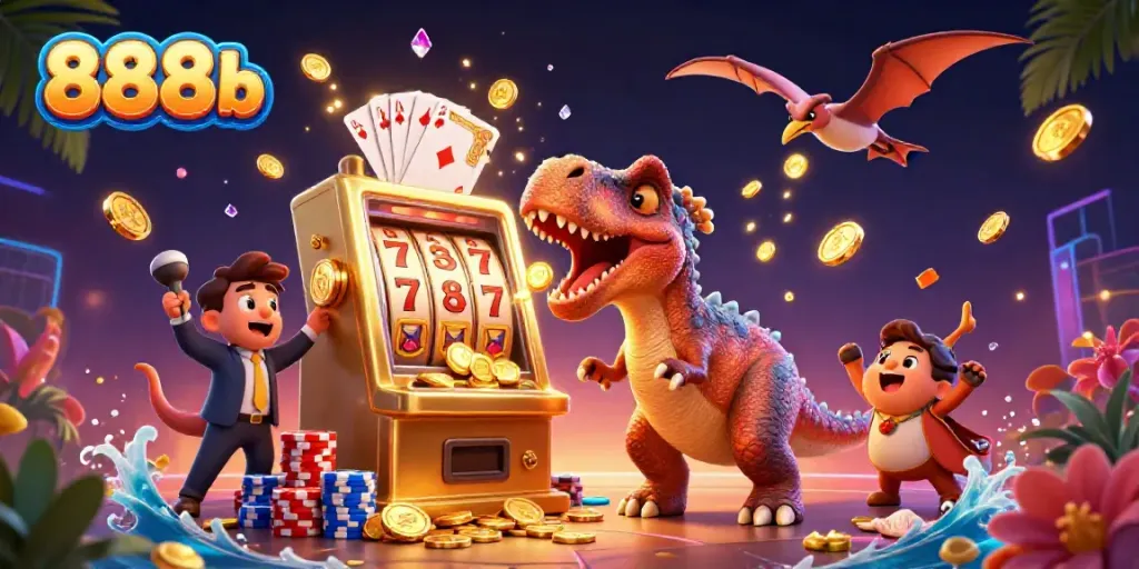 Witness the excitement at 888b as a pachycephalosaurus triggers a jackpot, surrounded by vibrant casino elements!