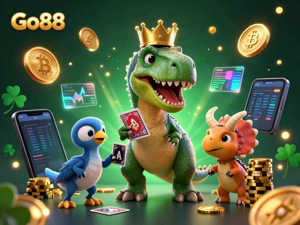 Go88 showcases friendly cartoon characters in a vibrant casino setting filled with digital gaming elements.