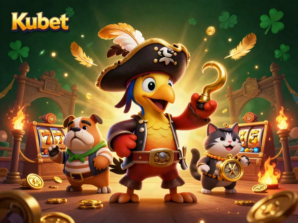 Kubet sparks excitement with a pirate parrot controlling a festive casino scene filled with games and gold coins.