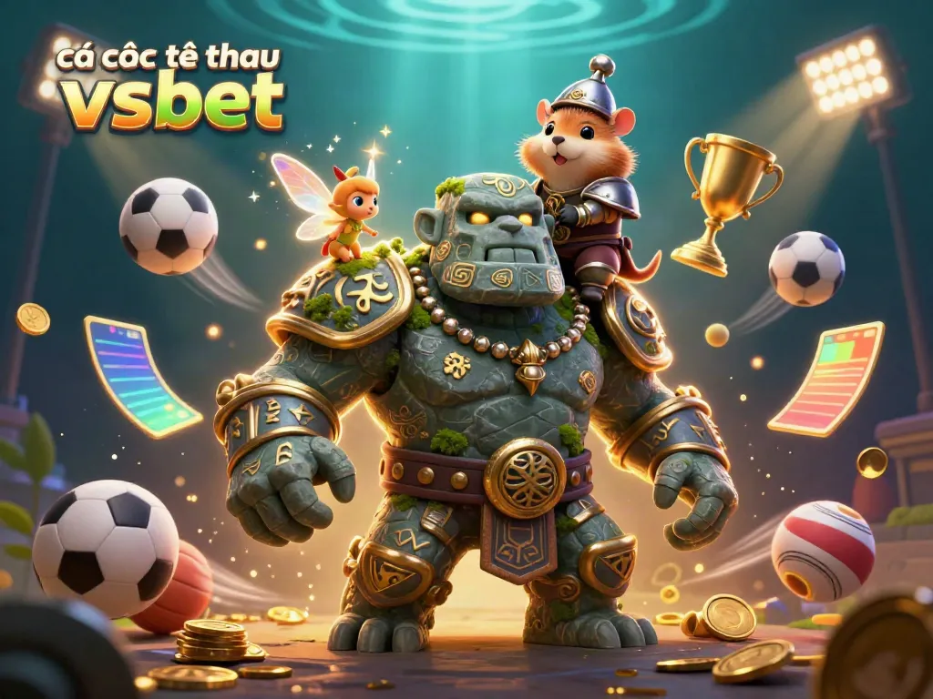 Engage in cá cược thể thao vsbet with a lively scene featuring a magical golem, fairy, and hamster knight amid dynamic sports elements.