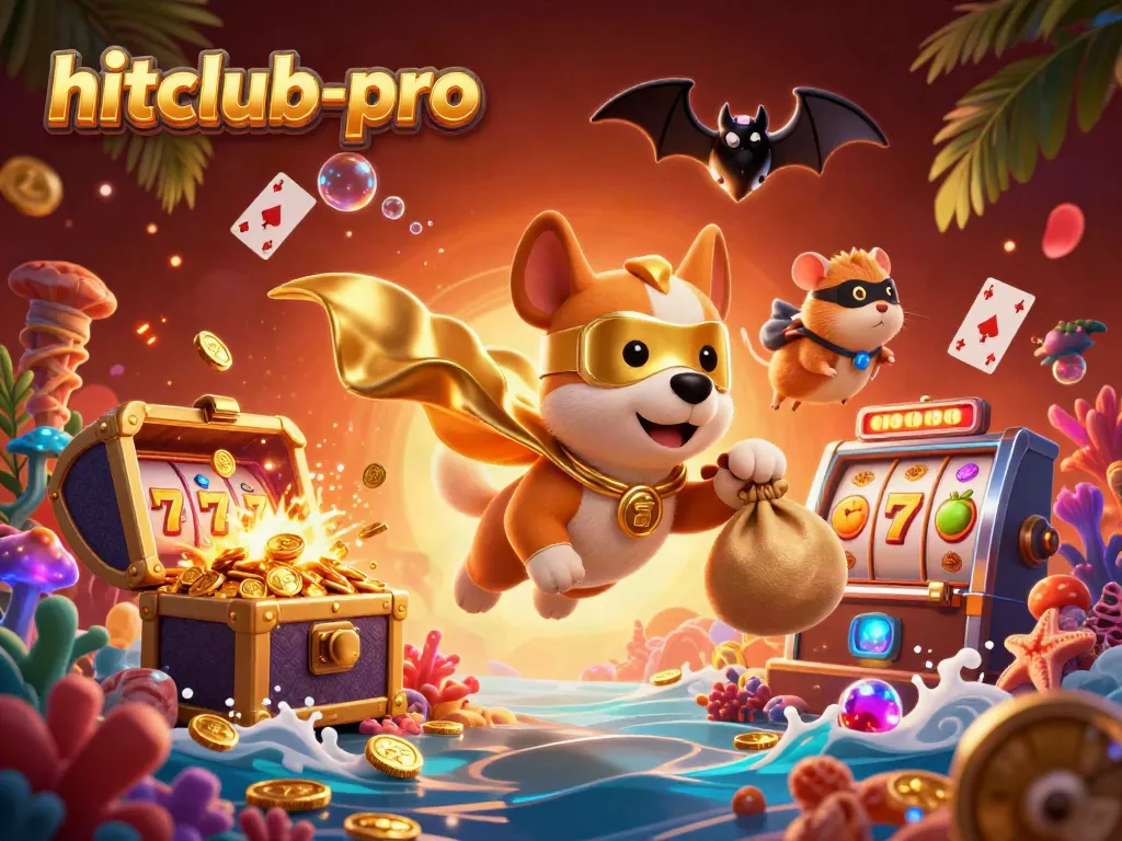 Engage in the thrilling world of hitclub-pro as a superhero dog collects gold coins amidst vibrant casino elements.