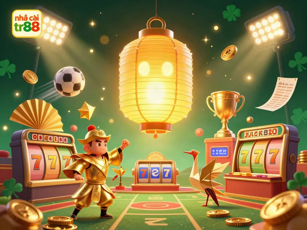Experience the vibrant excitement of nhà cái tr88 with golden lanterns and dynamic casino elements in 3D.