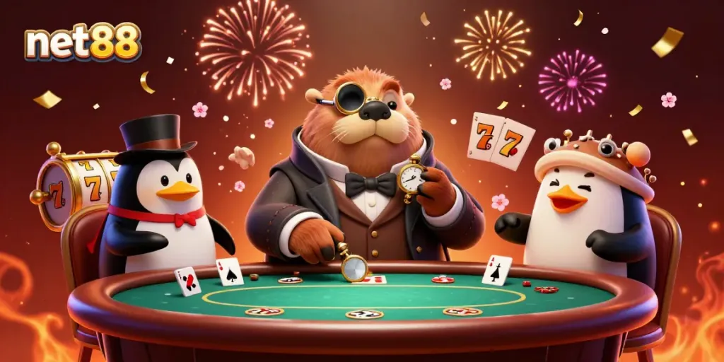 Engage with net88 at an underwater casino scene featuring a jolly walrus playing poker, surrounded by exciting game elements.