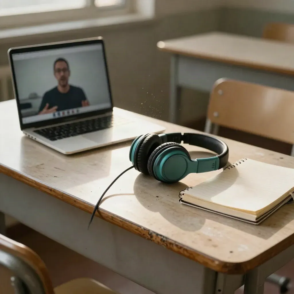 Otwarte laptop i słuchawki na szkolnej ławce, przed startem webinaru, w półmroku.