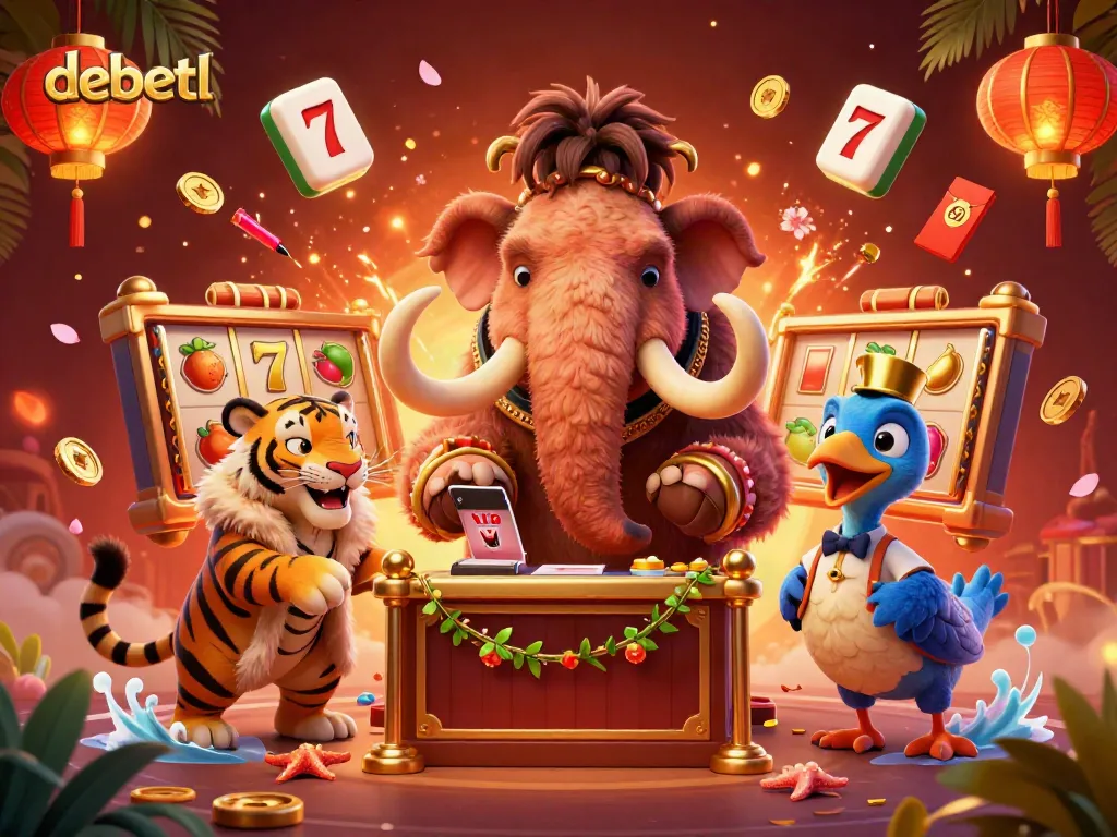 Experience debetl's exciting casino atmosphere with a woolly mammoth bouncer, VIP saber-tooth tiger, and lively game elements around them.