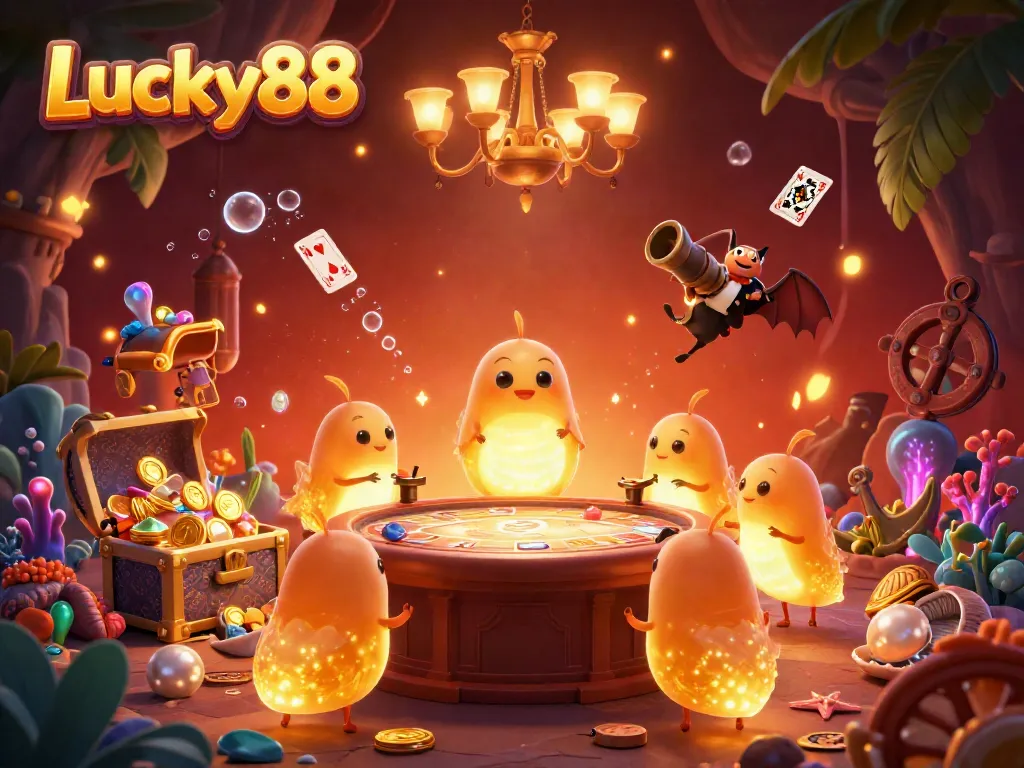 Experience Lucky88's vibrant casino atmosphere with glowing characters and treasure-filled environments.