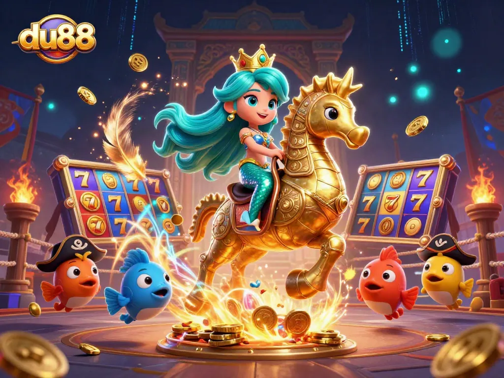 Join the excitement with du88: vibrant mermaid princess and seahorse in a colorful casino scene.