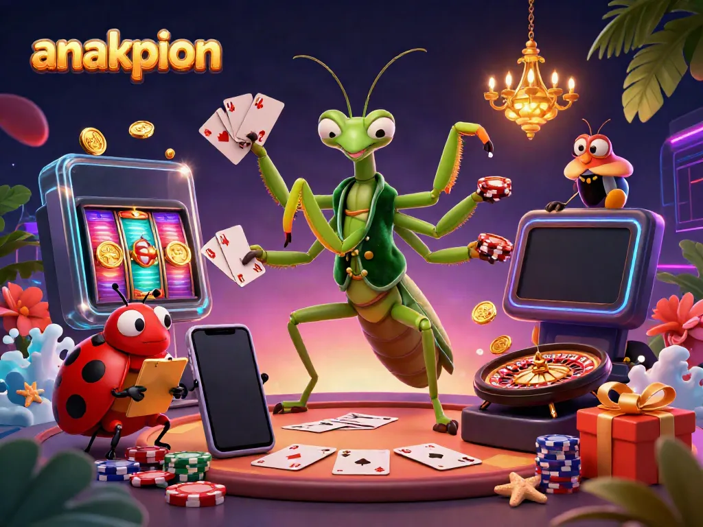 Anakpion casino features a giant praying mantis dealing cards and vibrant game elements exploding around, illustrating online gambling excitement.