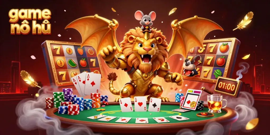 Experience thrilling game nổ hũ action with a victorious chimera and poker elements in this vibrant illustration.