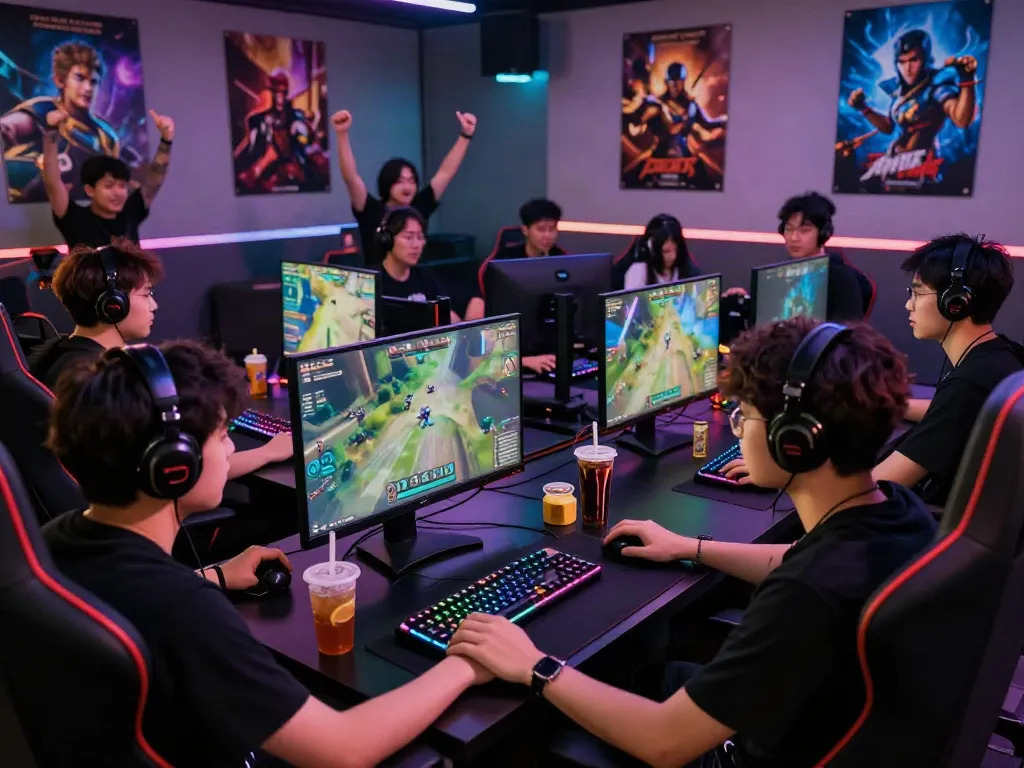 Exciting gaming lounge scene featuring players engaged in a competitive match at kilat404.
