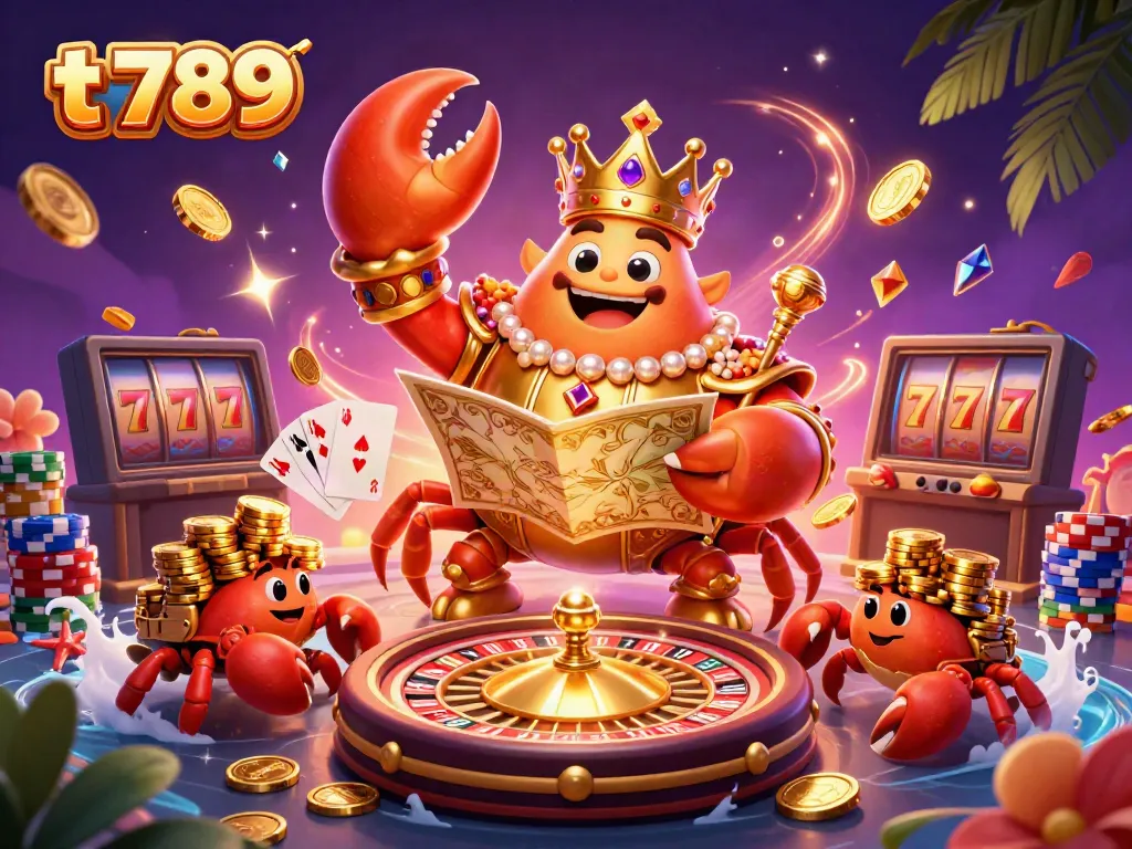 Experience the thrill of t 789 with a dynamic scene of gaming excitement featuring a golden crab emperor amidst cascading coins.