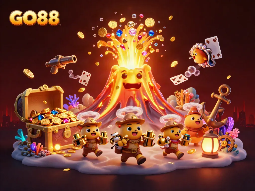 GO88 illustration showcasing vibrant casino-themed characters and treasures combined for an engaging experience