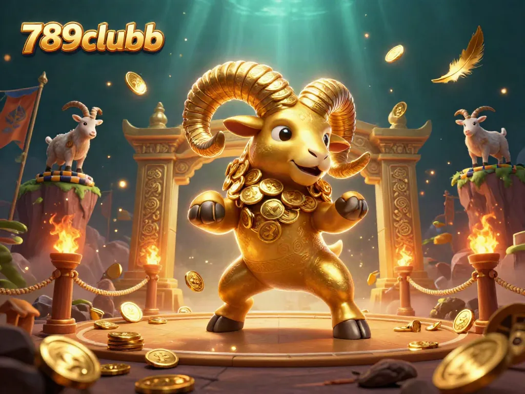 Engage with 789clubb in this vibrant 3D scene showcasing a golden ram charged at a casino gate surrounded by coins.