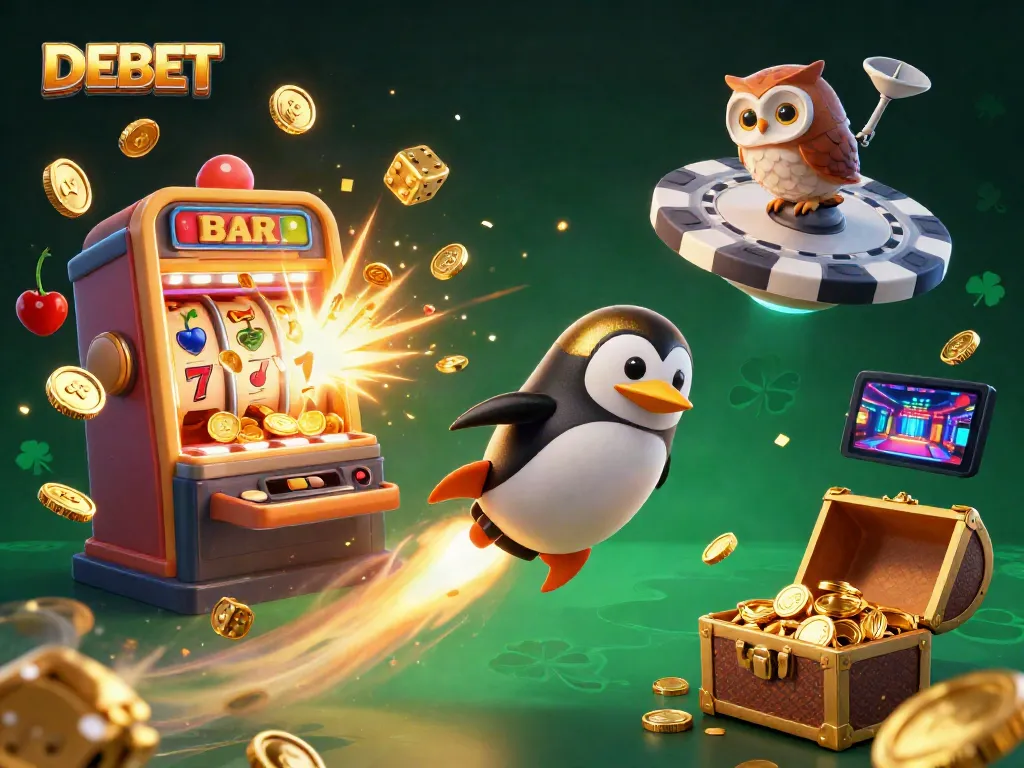 Experience the thrill of DEBET with a golden penguin and vibrant casino elements in space.