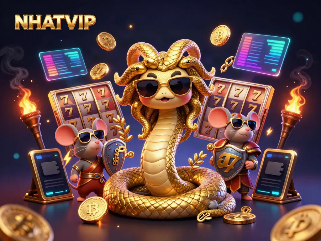 Spin winning slots with NHATVIP's vibrant gaming scene featuring Medusa and a warrior mouse.