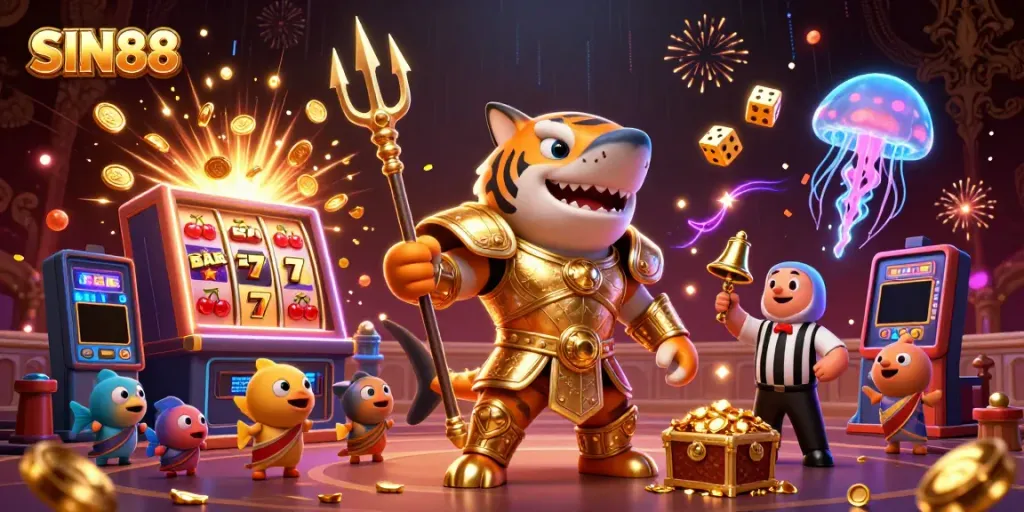 SIN88 showcases exciting online gambling with a golden shark and colorful casino elements.