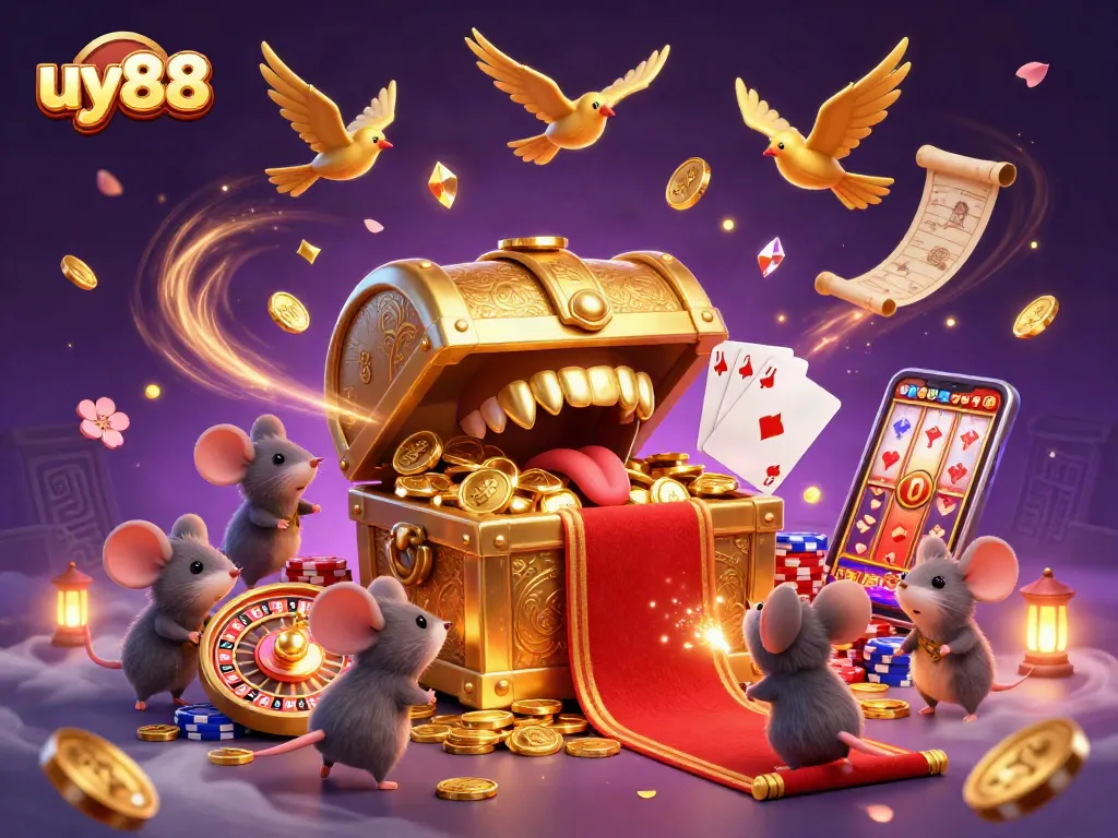 Win big with uy88 as adventurer mice approach a treasure chest in a vibrant casino scene.