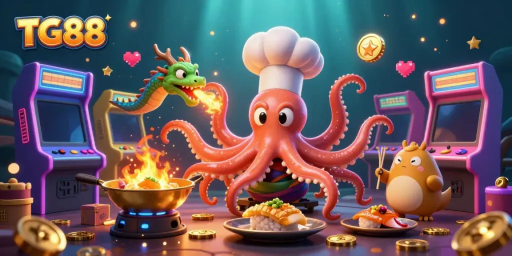 Experience the vibrant TG88 casino world with a colorful octopus chef and dragon in a dynamic gaming scene.