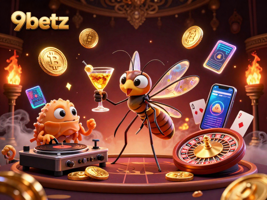 Experience the energetic vibe of 9betz with a lively 3D casino-themed illustration featuring vibrant characters and dynamic casino elements.