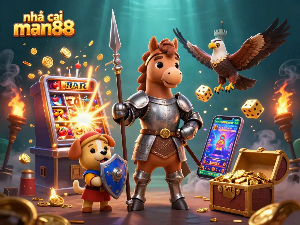 Experience the excitement of nhà cái man88 with a 3D fantasy illustration of winning slots and jackpots.