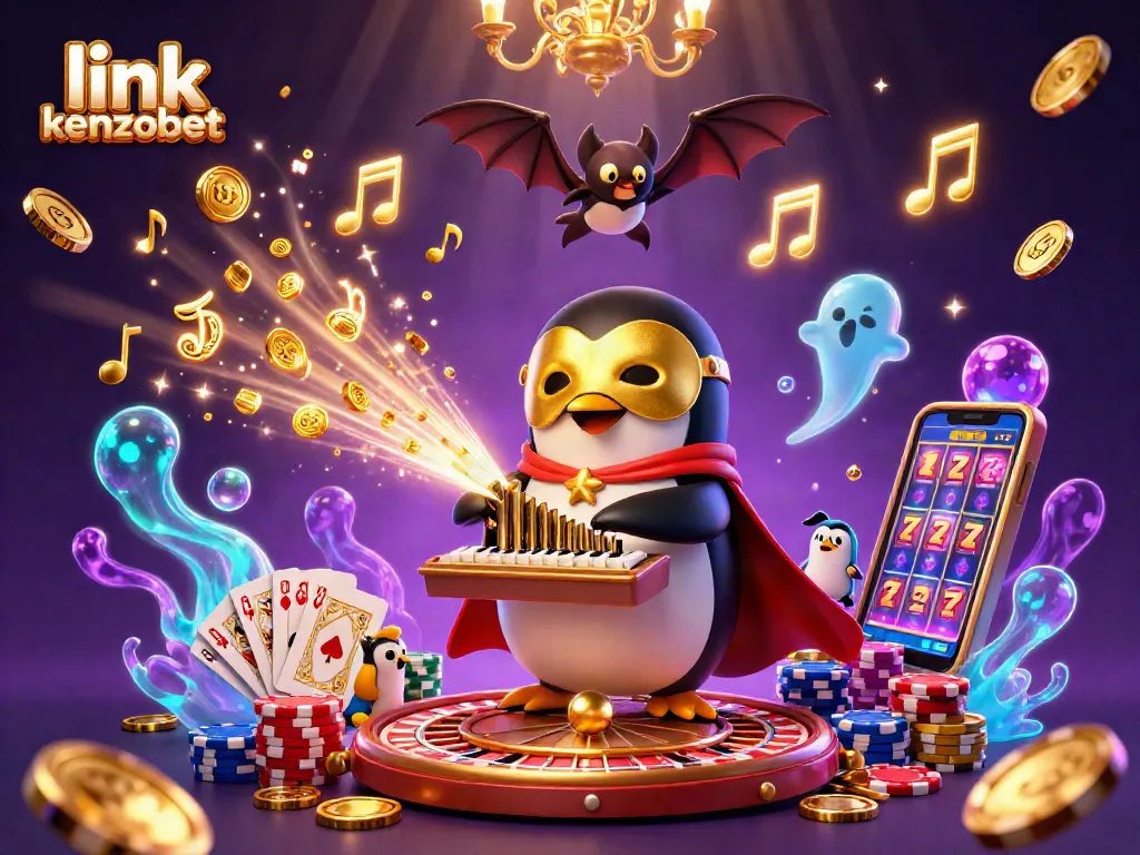 Engage with excitement in the link kenzobet world, where a penguin plays a golden organ amidst gambling glory.