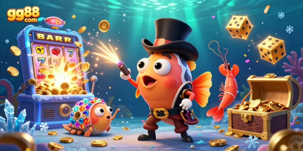 Experience thrilling gaming with gg88 com featuring vibrant characters and a jackpot explosion in an underwater casino setting.