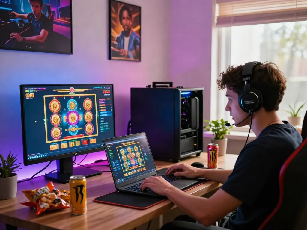 Engaged player enjoying a thrilling slot gacor gampang menang game in a vibrant home gaming setup.
