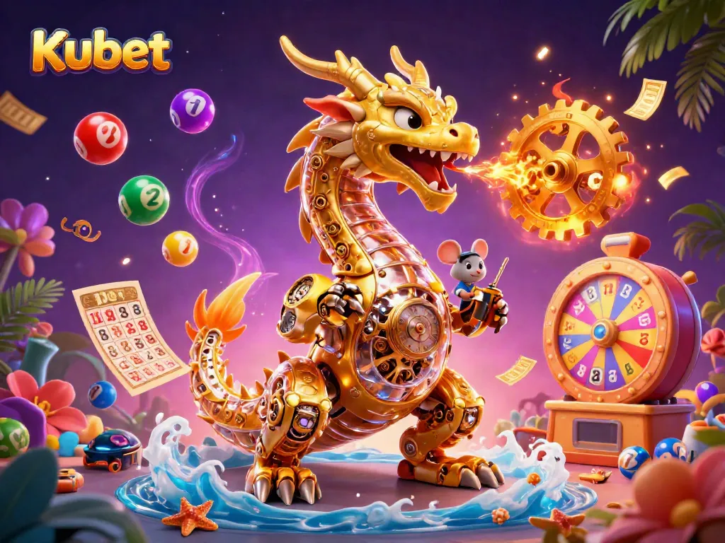 Kubet engages players with a vibrant 3D illustration of lottery games featuring dragons and dynamic elements.