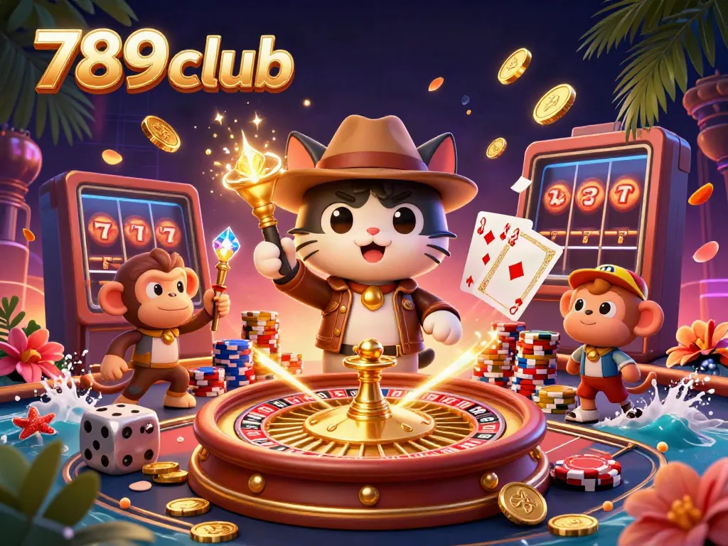 Engage in thrilling moments at 789club with a 3D scene of a cat explorer and monkey companion amidst cascading coins and vibrant casino elements.