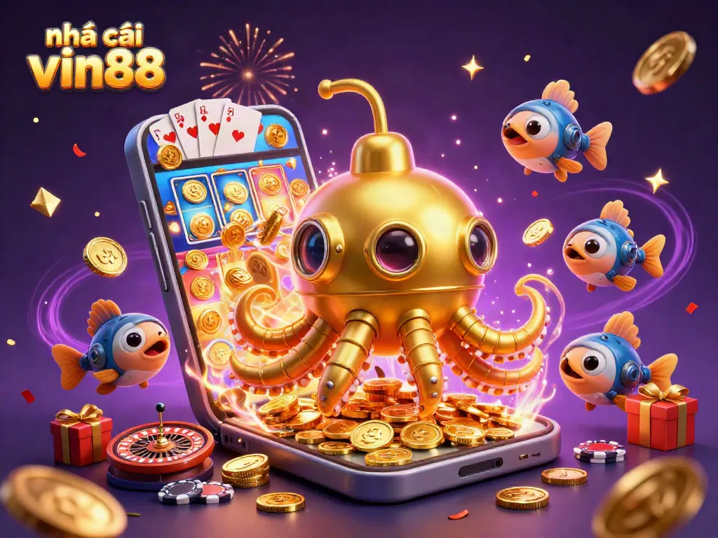 Experience thrilling gaming at nhà cái vin88 with a vibrant underwater casino illustration featuring a golden kraken.