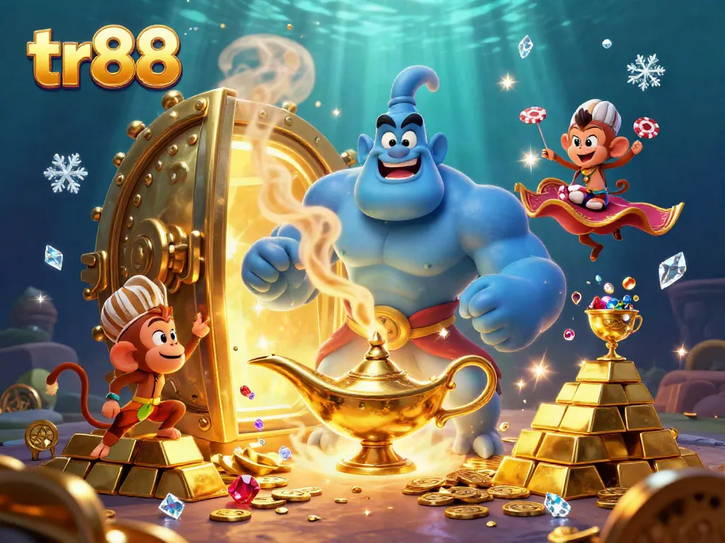 Experience the thrills of tr88 with a genie and treasures over a vibrant casino backdrop.