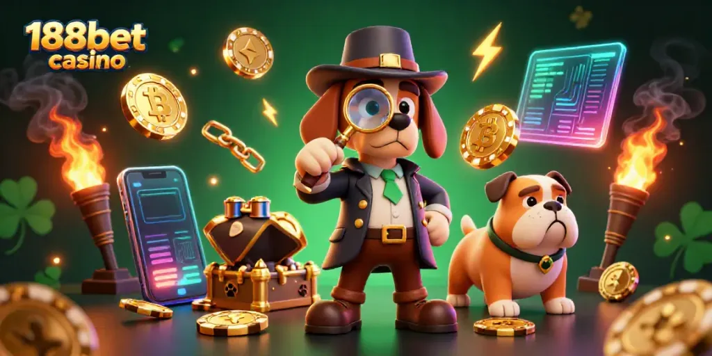 Discover thrilling action at 188bet casino with a detective and bulldog surrounded by golden chips and crypto elements.