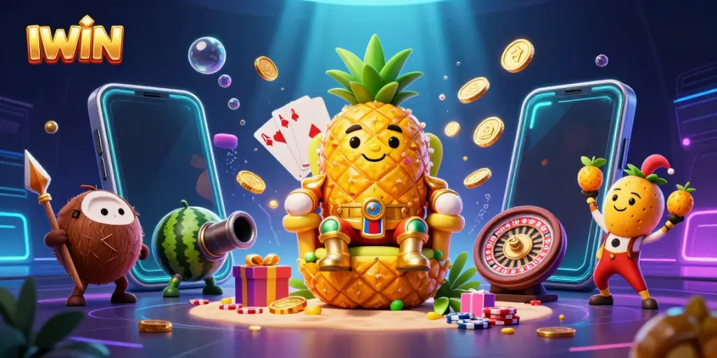 Experience thrilling gameplay at IWIN with immersive 3D casino illustrations showcasing vibrant slot and card elements.