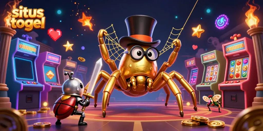 Experience situs togel gaming with a golden tarantula weaving luck in a vibrant casino scene.