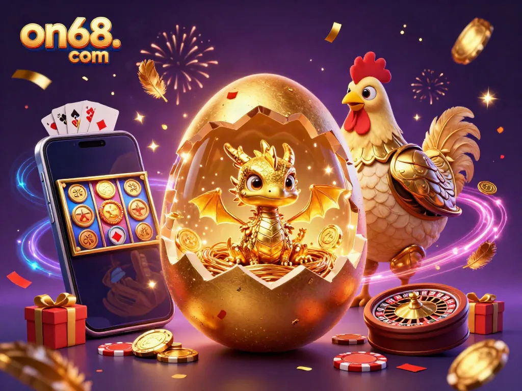 Experience thrilling gameplay at on68. com with a golden egg, dragon, and casino excitement.