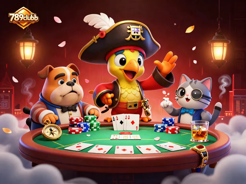 Engaging scene of 789clubb's pirate captain ordering card strategies at a vibrant poker table.