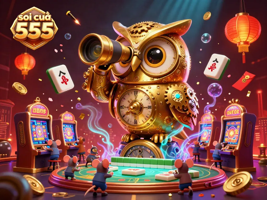 Engage with soi cầu 555 in this vibrant illustration featuring a golden owl scanning the casino floor.