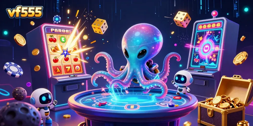 Engage with the exciting gaming universe of vf555 featuring a vibrant cosmic octopus and thrilling jackpot elements.