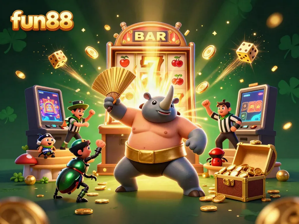 Experience fun88 gaming excitement with a vibrant illustration featuring a sumo beetle and slot machine.